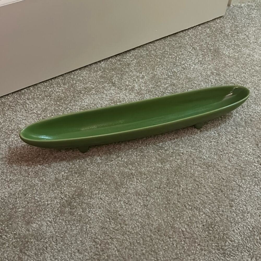 Vintage Footed Olive Green Olive/ Hors d'oeuvre  Ceramic Tray Boat  18" Long